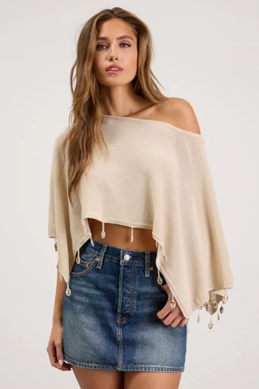 Lemma Cream Knit Asymmetrical Seashell Poncho Top made by Lulus