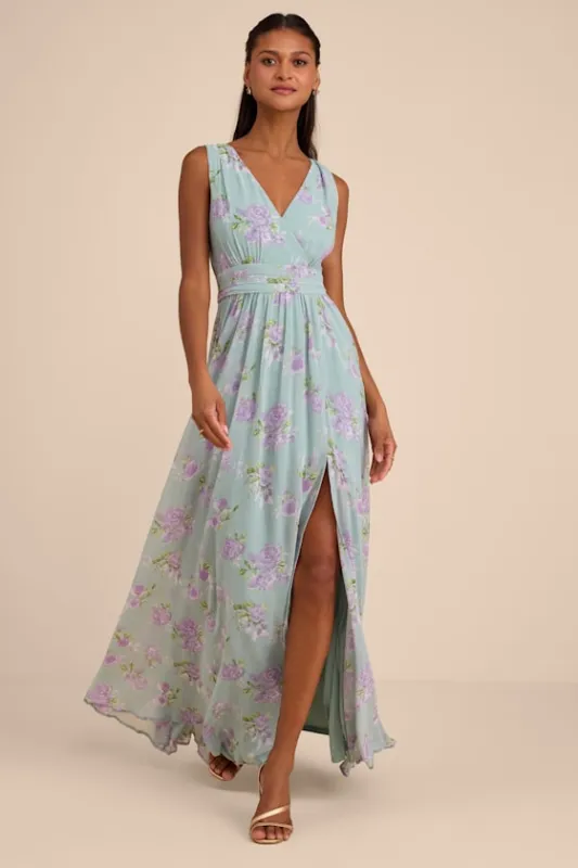 Heavenly Hues Sage Floral Surplice Maxi Dress made by Lulus