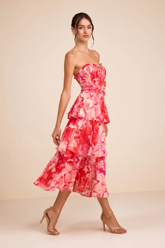 Vaya Red Multi Floral Tiered Midi Dress made by Lulus