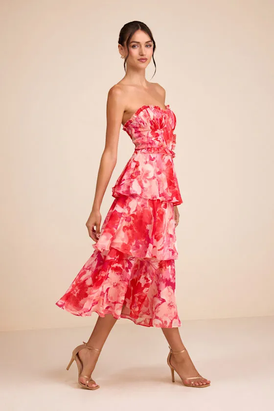 Vaya Red Multi Floral Tiered Midi Dress sold by Lulus