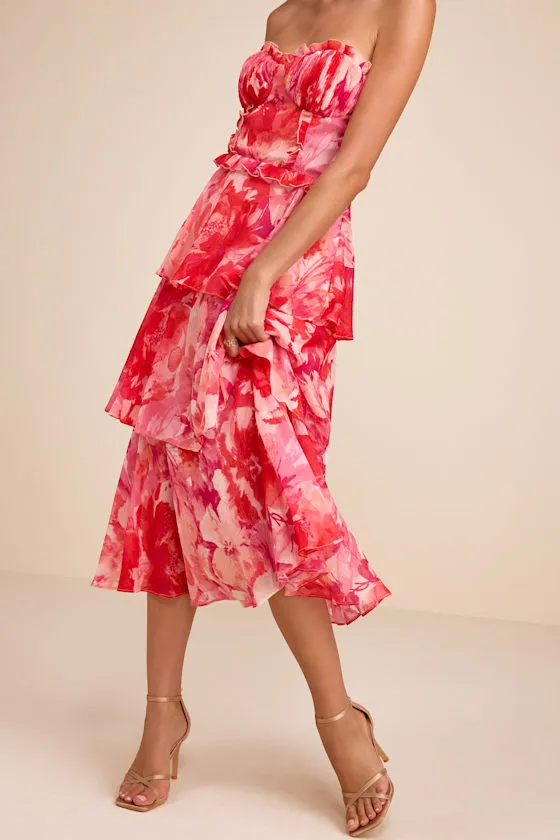 Vaya Red Multi Floral Tiered Midi Dress sold by Lulus product image thumbnail 2