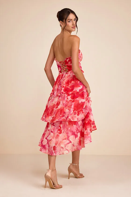 Vaya Red Multi Floral Tiered Midi Dress sold by Lulus product image thumbnail 3
