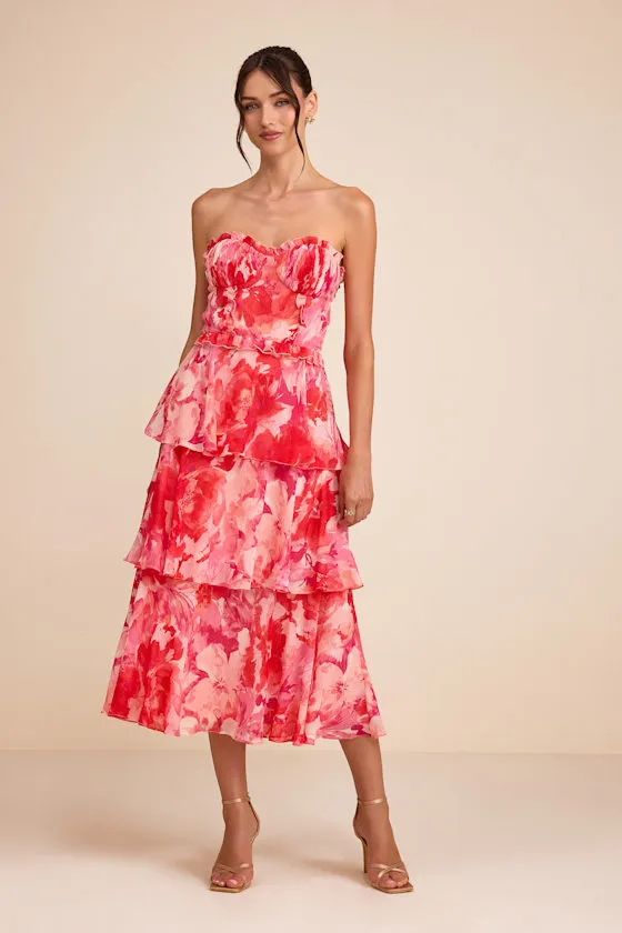 Vaya Red Multi Floral Tiered Midi Dress sold by Lulus product image thumbnail 4