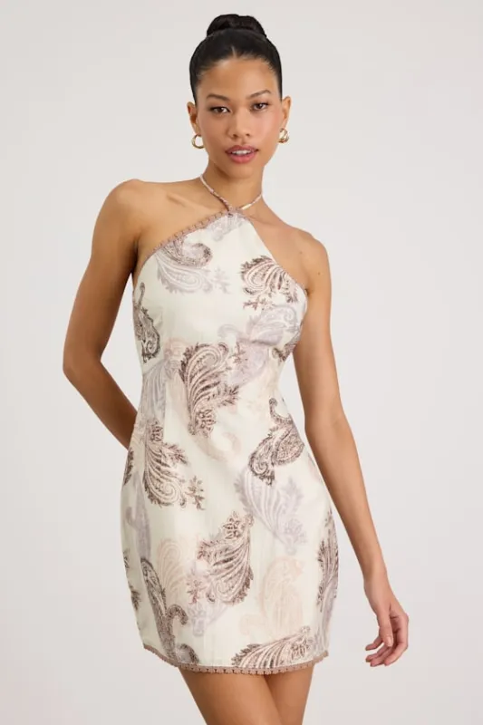 Eileena Ivory Multi Boho Print Halter Mini Dress made by Lulus