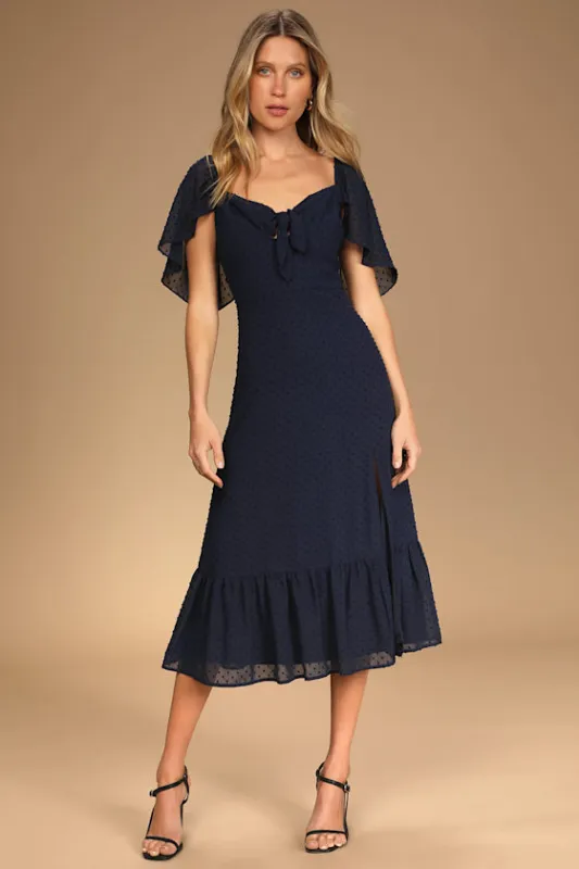 Only Lovers Navy Blue Swiss Dot Short Cape Sleeve Midi Dress made by Lulus