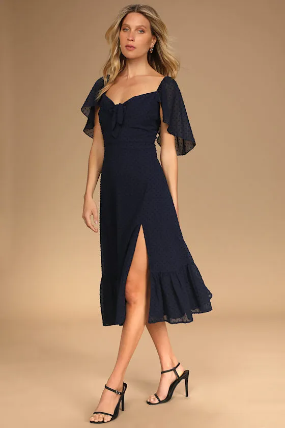 Only Lovers Navy Blue Swiss Dot Short Cape Sleeve Midi Dress sold by Lulus product image thumbnail 2