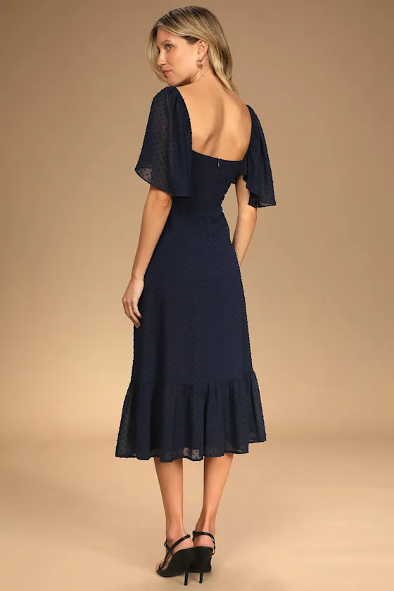 Only Lovers Navy Blue Swiss Dot Short Cape Sleeve Midi Dress sold by Lulus product image thumbnail 3