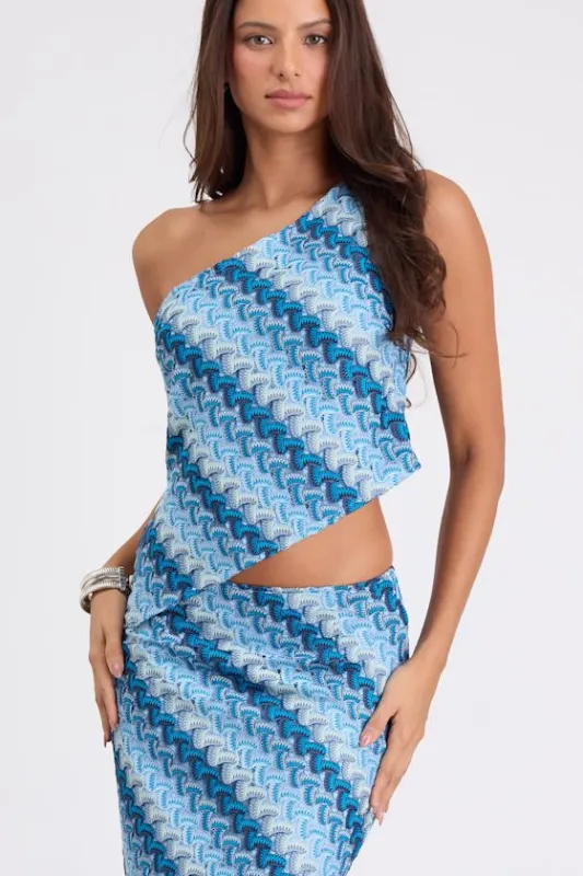 Fiala Blue Multi Crochet Chevron One-Shoulder Top made by Lulus