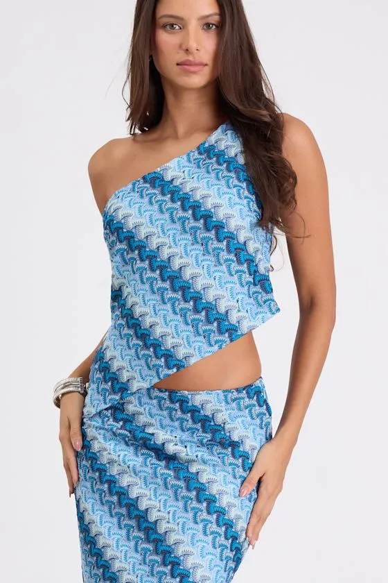 Fiala Blue Multi Crochet Chevron One-Shoulder Top sold by Lulus