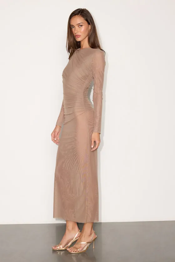 Jocelyn Taupe Mesh Long Sleeve Maxi Bodysuit Dress sold by Lulus product image thumbnail 4