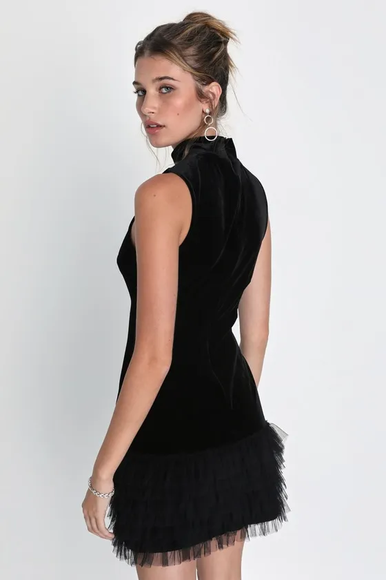 Lavish Objective Black Velvet Mock Neck Ruffled Mini Dress sold by Lulus product image thumbnail 3