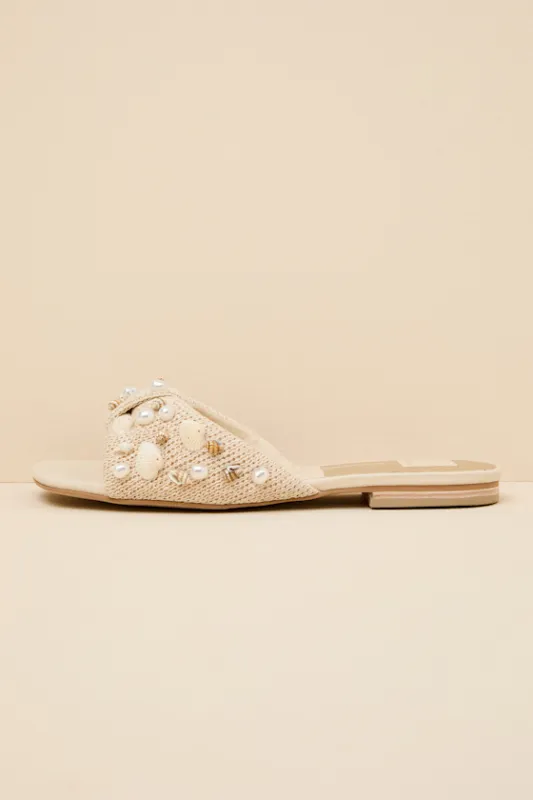 Lizza Oatmeal Raffia Beaded Slide Sandals made by Dolce Vita