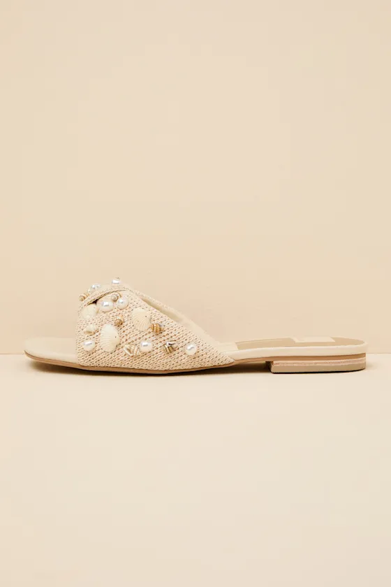 Lizza Oatmeal Raffia Beaded Slide Sandals sold by Lulus