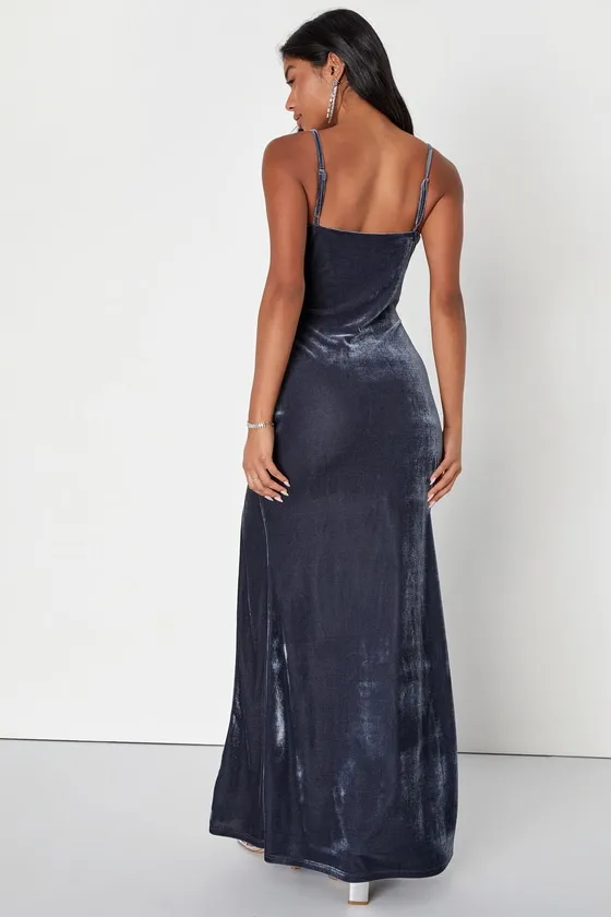 Kissable Beauty Slate Blue Velvet Sleeveless Maxi Dress sold by Lulus product image thumbnail 2