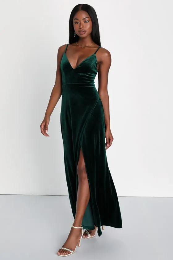 Timeless Radiance Emerald Green Velvet Lace-Up Maxi Dress sold by Lulus