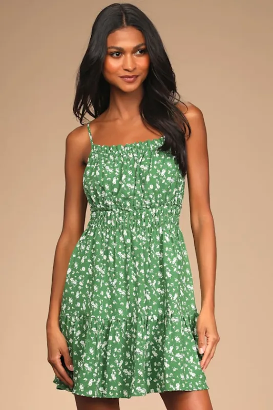 Tender Thoughts Green Floral Ruffled Tiered Mini Dress made by Lulus