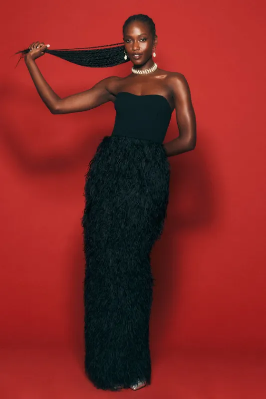 Fabulous Statement Black Feather Strapless Maxi Dress made by Lulus