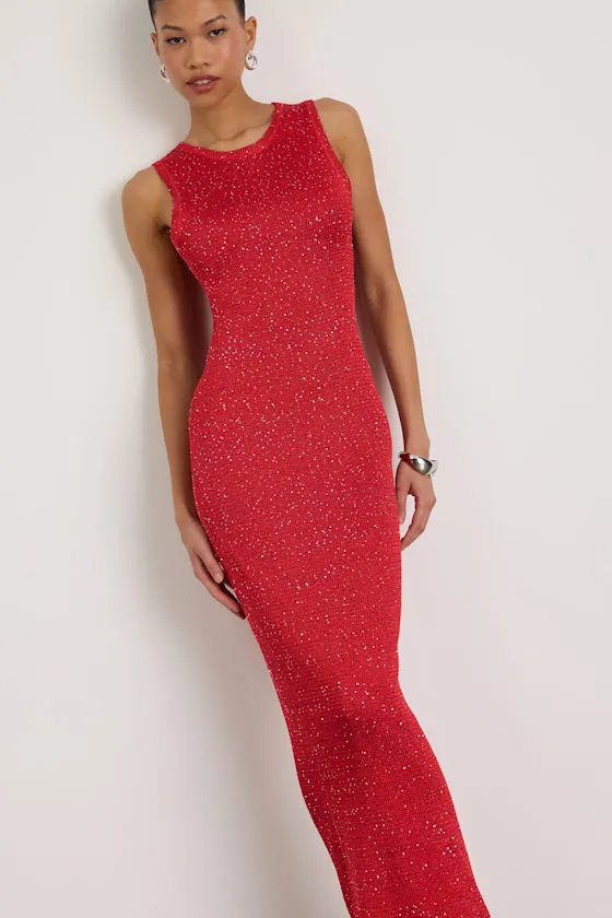 Jordi Red Sequin Crochet Knit Maxi Dress sold by Lulus