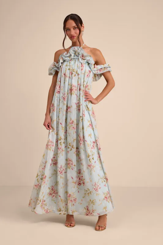 Amia Light Blue Floral Ruffled Shift Maxi Dress made by Lulus