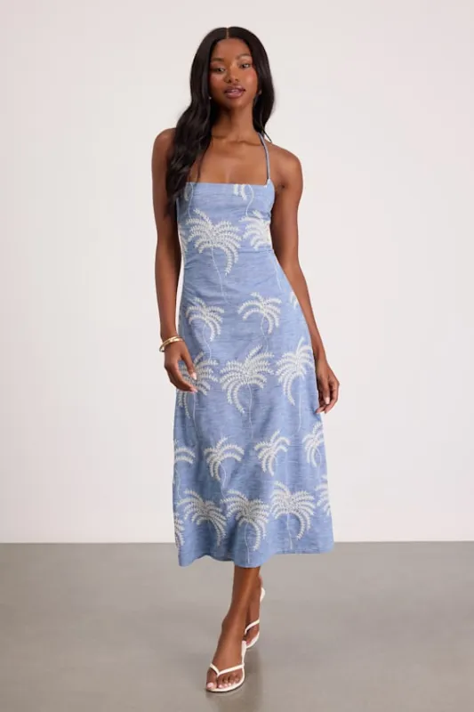 Destin Light Blue Embroidered Lace-Up Midi Dress made by Lulus