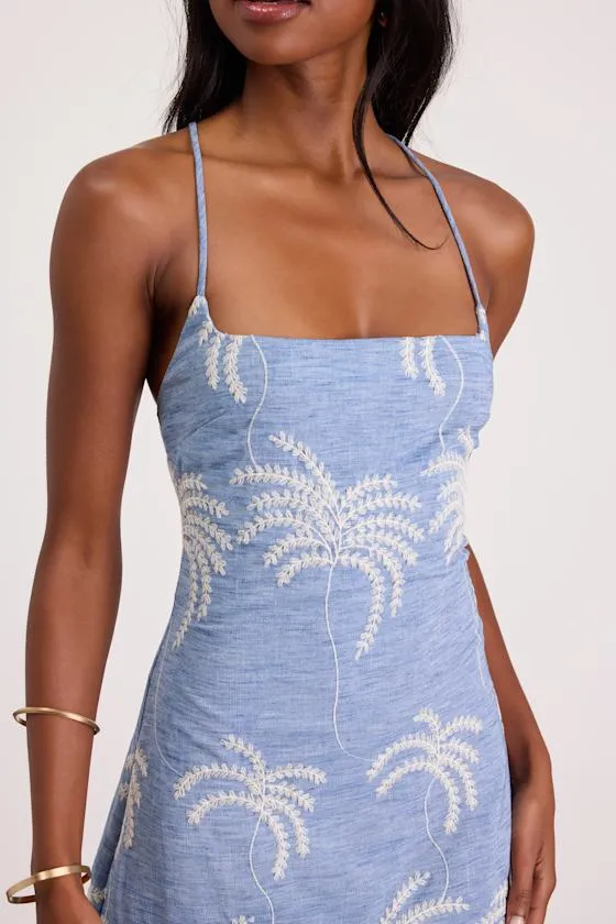 Destin Light Blue Embroidered Lace-Up Midi Dress sold by Lulus product image thumbnail 2