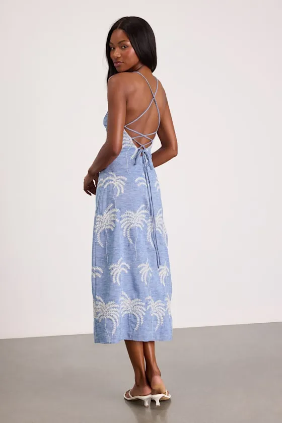 Destin Light Blue Embroidered Lace-Up Midi Dress sold by Lulus product image thumbnail 3