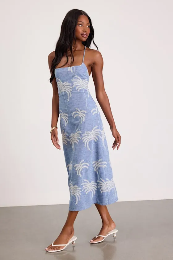 Destin Light Blue Embroidered Lace-Up Midi Dress sold by Lulus product image thumbnail 4