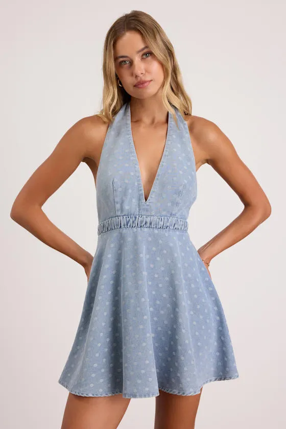 Neese Light Wash Polka Dot Denim Mini Dress sold by Lulus