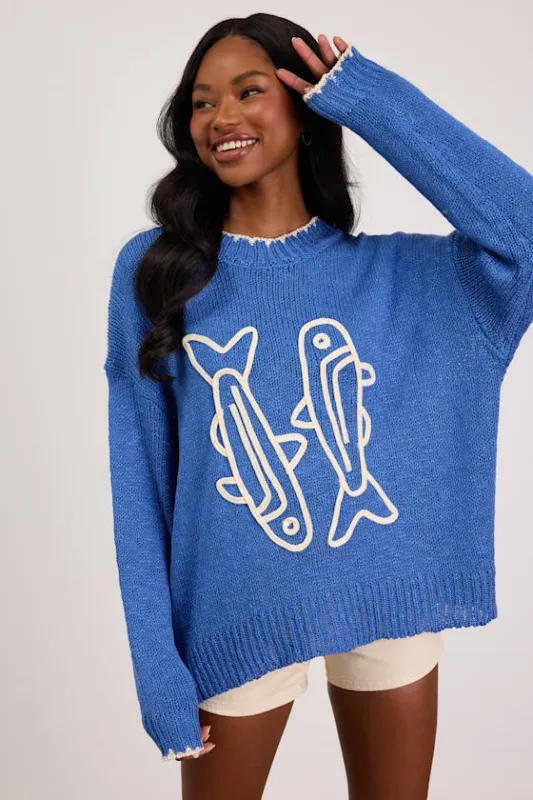 Montauk Blue Embroidered Pullover Sweater made by Lulus