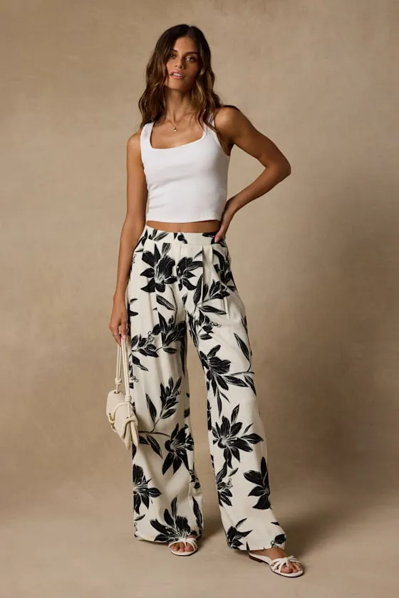 Ailany Ivory Floral High-Rise Wide-Leg Pants sold by Lulus