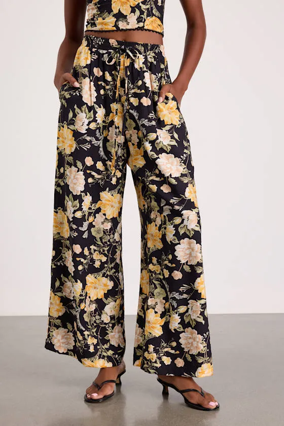 Taelyn Black Multi Floral Wide-Leg Pants sold by Lulus