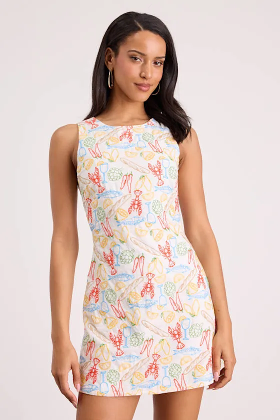 Sorrento White Multi Embroidered Tie-Back Mini Dress sold by Lulus
