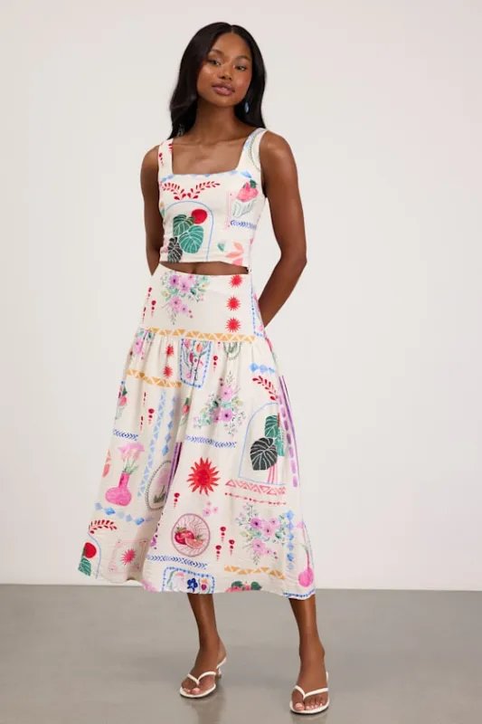 Fabella White Multi Print Textured Midi Skirt made by Lulus