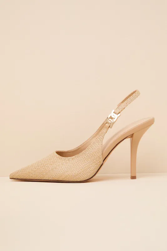 Coetta Beige Raffia Pointed-Toe Slingback Pumps made by Lulus
