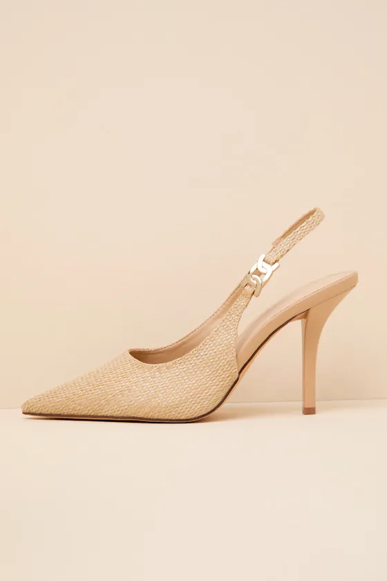 Coetta Beige Raffia Pointed-Toe Slingback Pumps sold by Lulus
