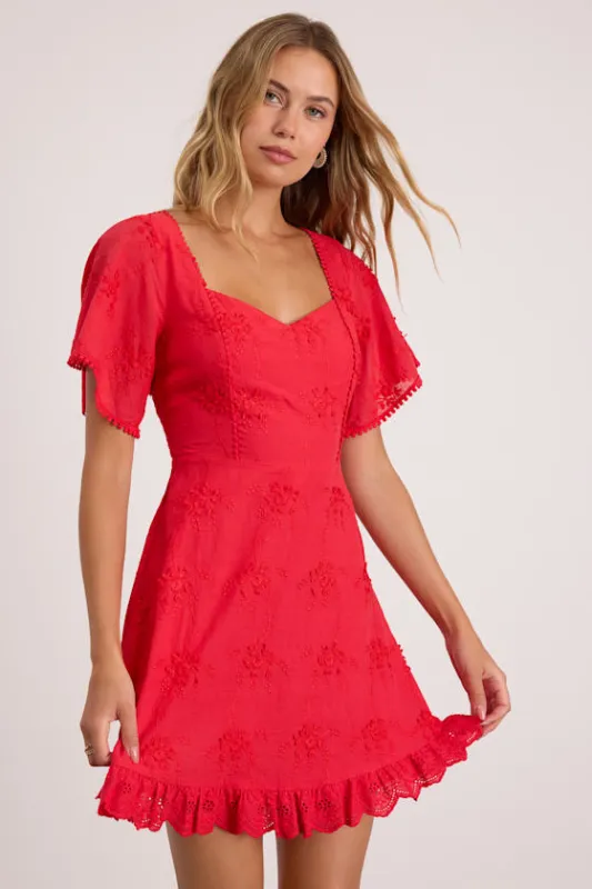 Morning in Mallorca Red Eyelet Mini Dress made by Lulus