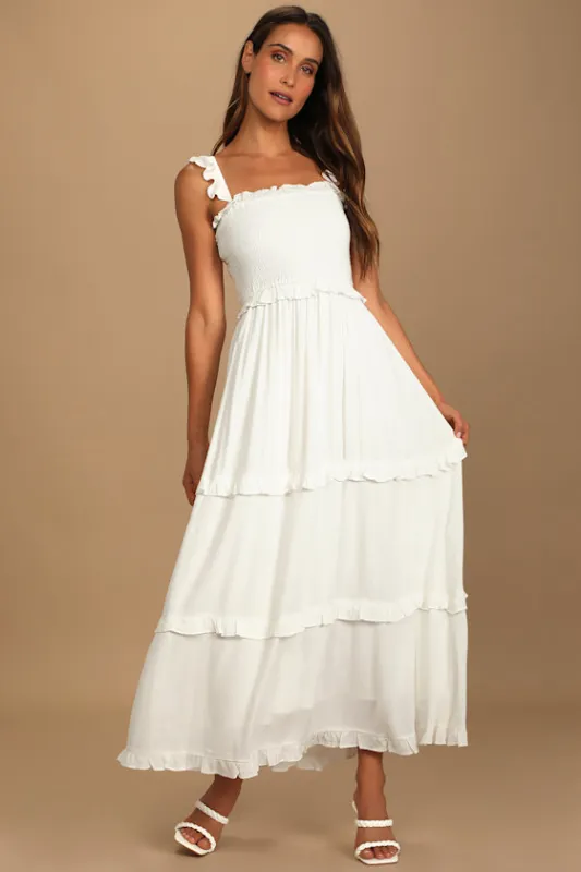 Fun Afternoon White Smocked Tiered Maxi Dress made by Lulus