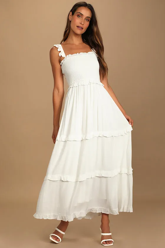 Fun Afternoon White Smocked Tiered Maxi Dress sold by Lulus