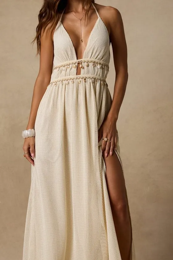 Alda Cream Crochet Knit Seashell Maxi Dress sold by Lulus product image thumbnail 3