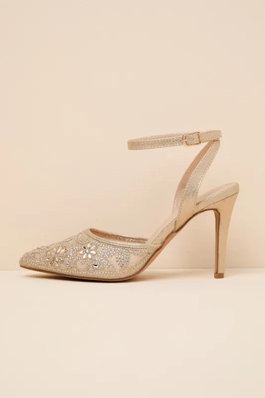 Fierria Champagne Rhinestone Pointed-Toe Ankle Strap Pumps made by Lulus