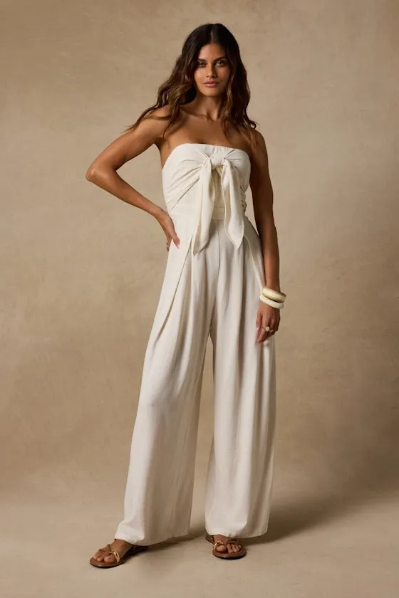 Wylda Light Beige Linen Tie-Front Jumpsuit sold by Lulus product image thumbnail 2