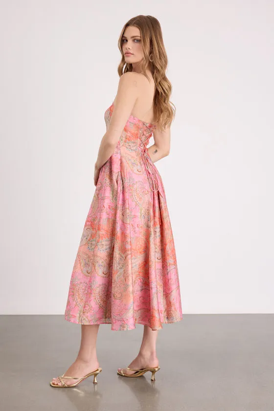 Lexis Pink Multi Boho Print Lace-Up Midi Dress sold by Lulus product image thumbnail 4