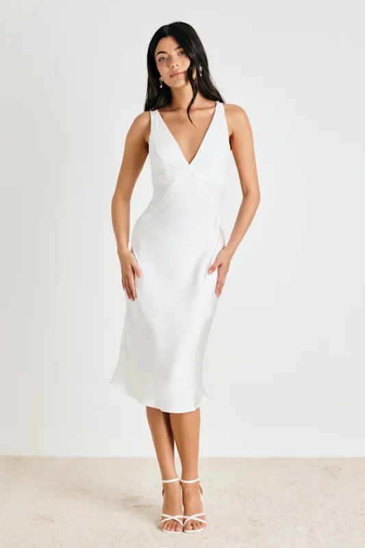 Deloise White Satin Lace Slip Midi Dress made by Lulus