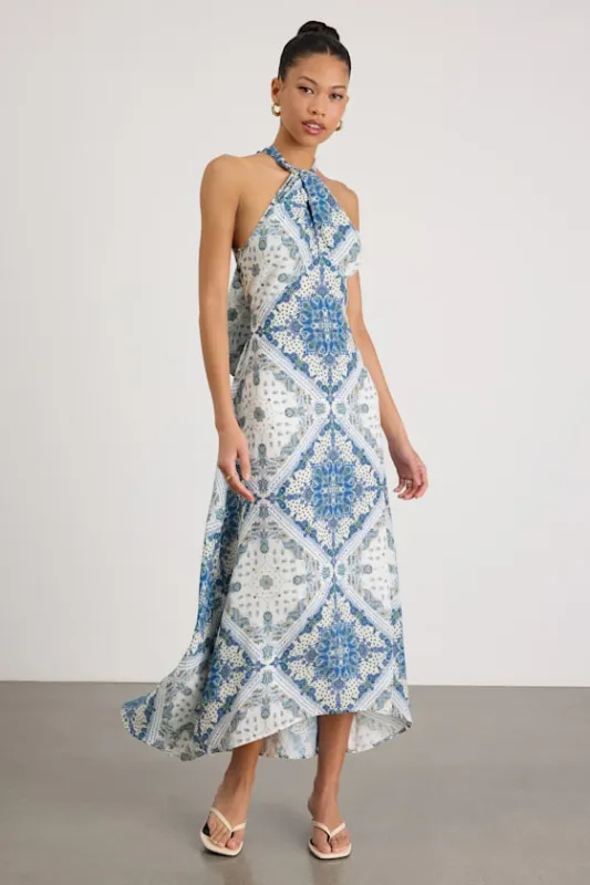 Hania White and Blue Boho Print Halter Midi Dress made by Lulus