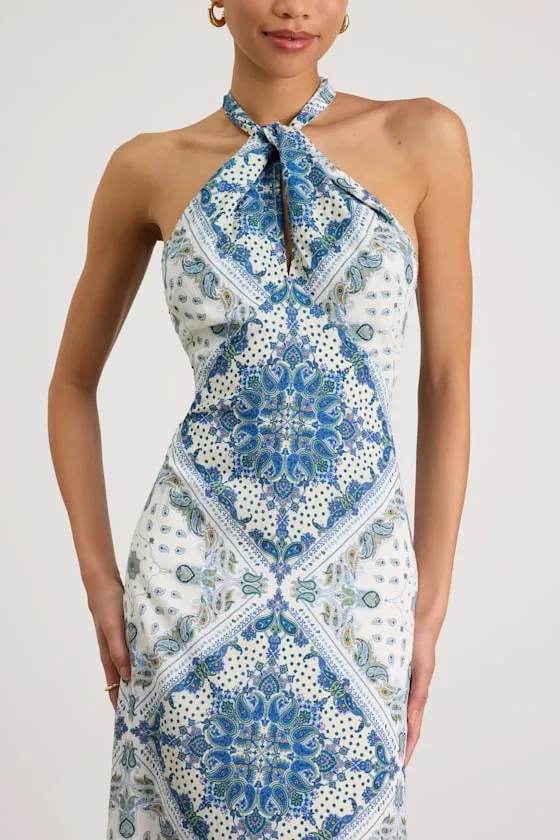 Hania White and Blue Boho Print Halter Midi Dress sold by Lulus product image thumbnail 2