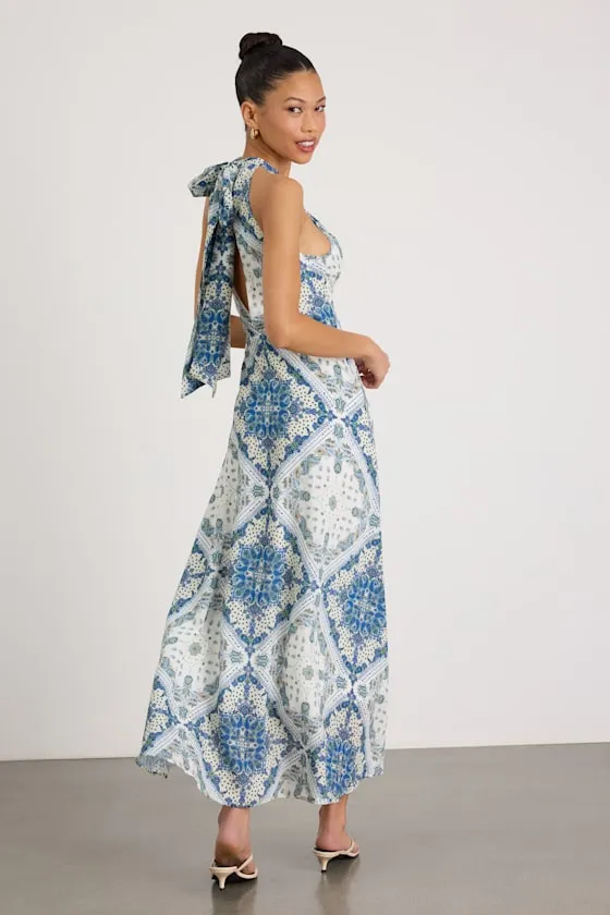 Hania White and Blue Boho Print Halter Midi Dress sold by Lulus product image thumbnail 3