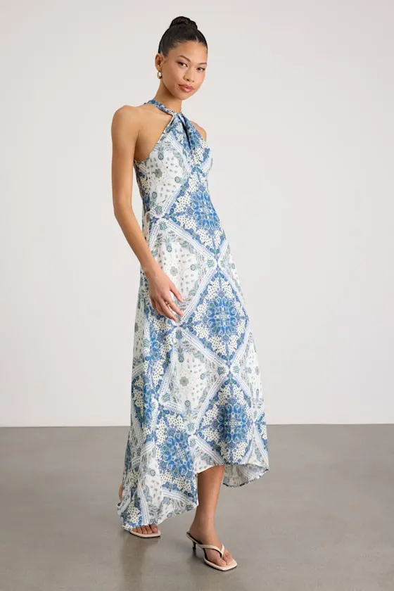 Hania White and Blue Boho Print Halter Midi Dress sold by Lulus product image thumbnail 4