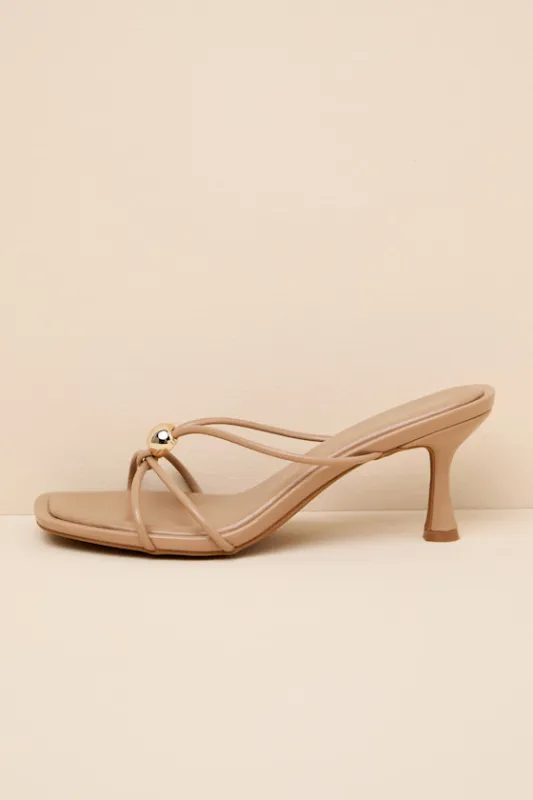 Valicia Camel Strappy Gold Bead High Heel Sandals made by Lulus