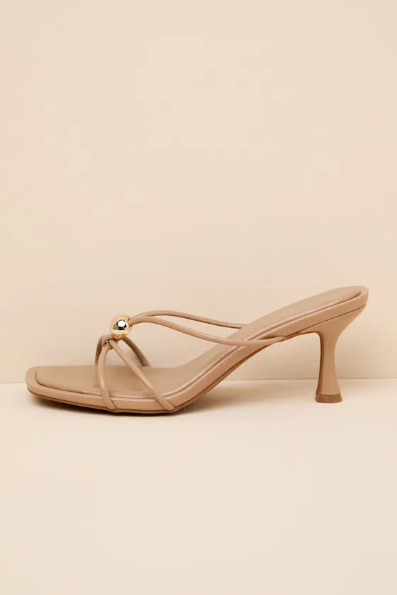 Valicia Camel Strappy Gold Bead High Heel Sandals sold by Lulus