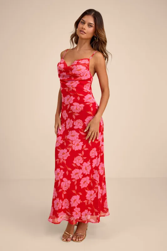 Vesta Red Floral Cowl Neck Maxi Dress made by Lulus